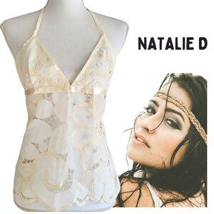 NATALIE D Cream Sheer Floral Cotton Nylon See-Through Halter Top - Women's XS